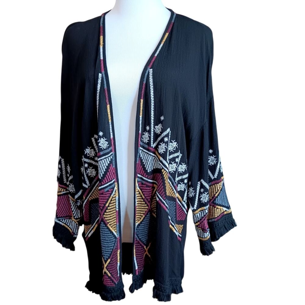 KNOX ROSE Artsy Embroidered Kimono Duster Cardigan Jacket XS Fringe Open Front